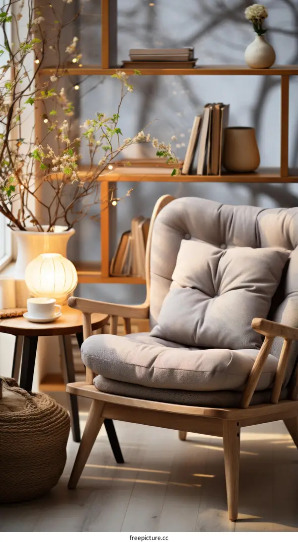 A cozy living room with a comfortable armchair, a small table, and a vase of flowers