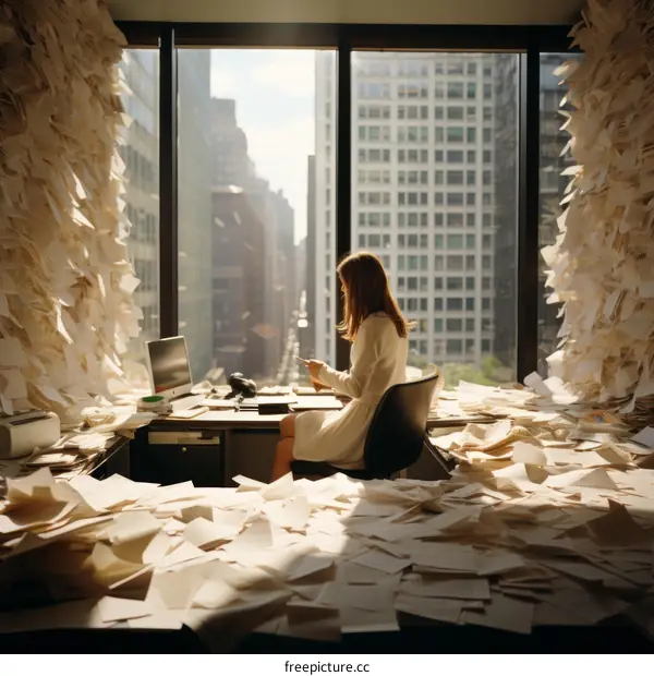 Overwhelmed by Paperwork: Woman Struggling in a Mountain of Documents
