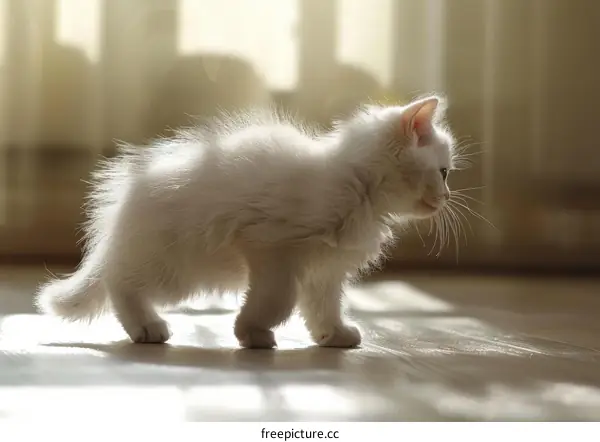 A white kitten is walking on the floor