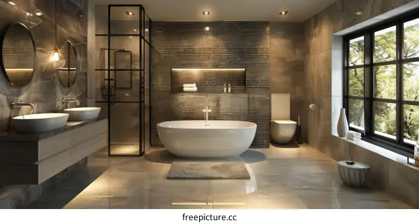 Modern Bathroom Interior Design With Large Window and Bathtub