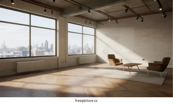 Modern empty office space with large windows and city view