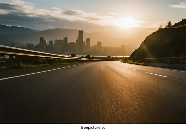 Sunset view of an empty highway leading to a city skyline