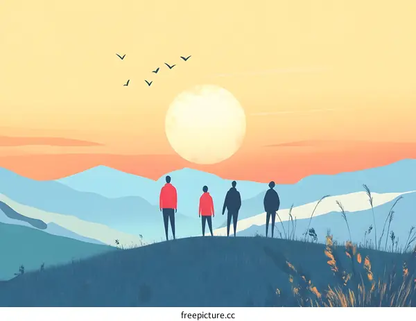 Silhouettes of Four People Standing on a Mountaintop at Sunset