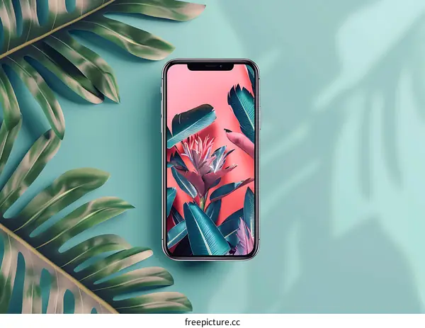 Tropical Phone Mockup With Green Leaves