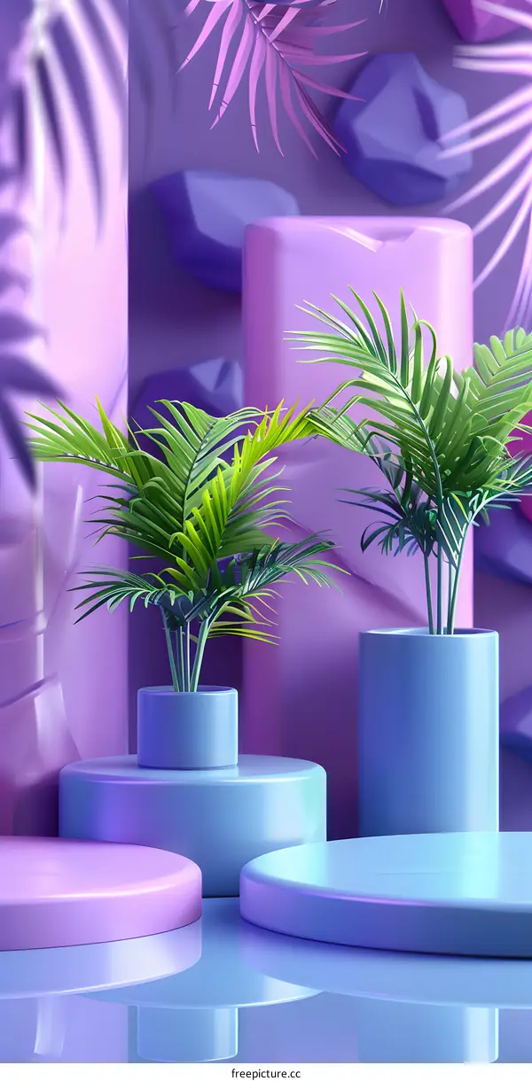 3D rendering of two potted palm trees on podiums against a purple background