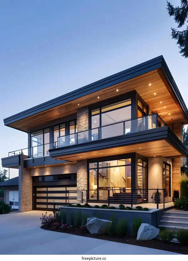 Modern House with Large Windows and Stone Facade