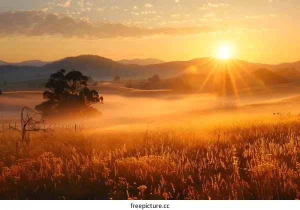 Golden Sunrise Over Misty Fields