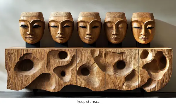 Carved Wooden Cabinet with Asian Faces