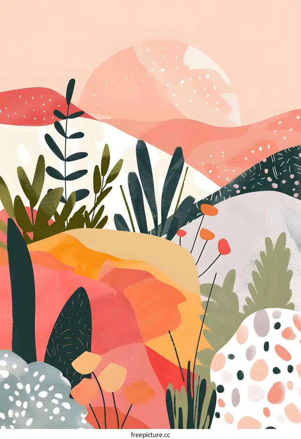 Abstract Landscape Illustration with Pink and Green Colors
