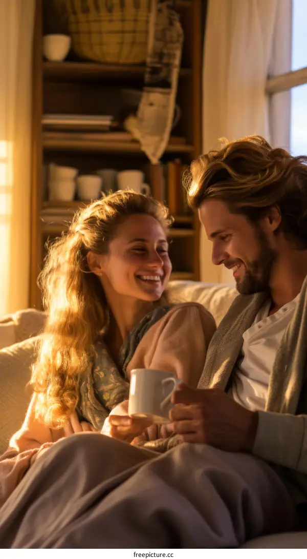 Young couple relaxing on couch and drinking coffee