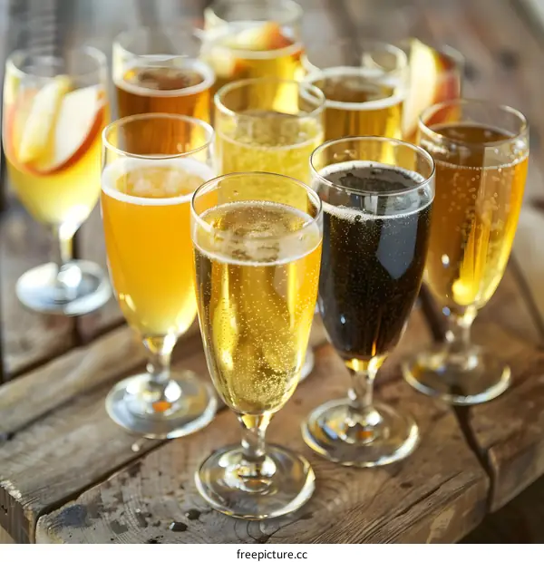 Selection of Beer and Cider in Glasses on Wooden Table