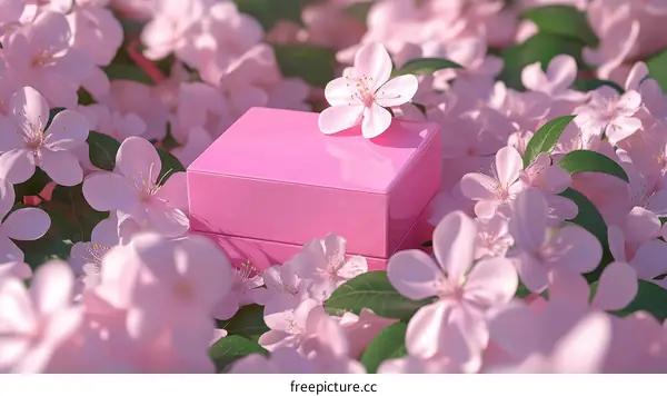 Pink Gift Box Surrounded by Blossoms