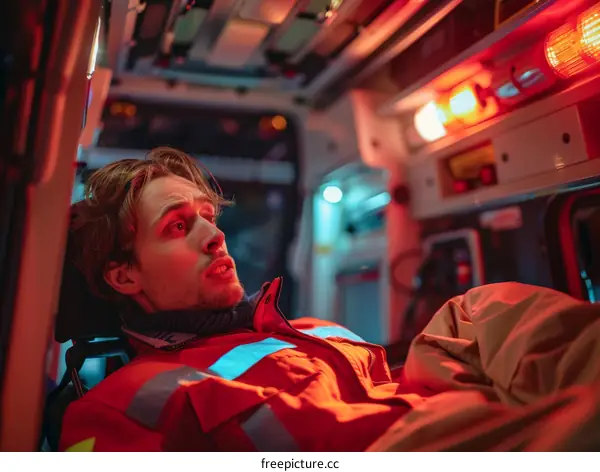 paramedic looking at a patient in the ambulance