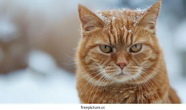 ginger cat in the snow staring at the camera
