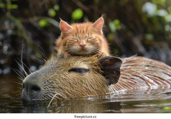 Orange Kitten Sleeping on Capybara in River