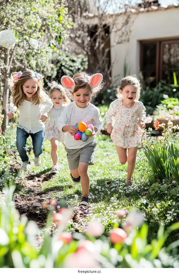 Children Running with Easter Eggs in Garden
