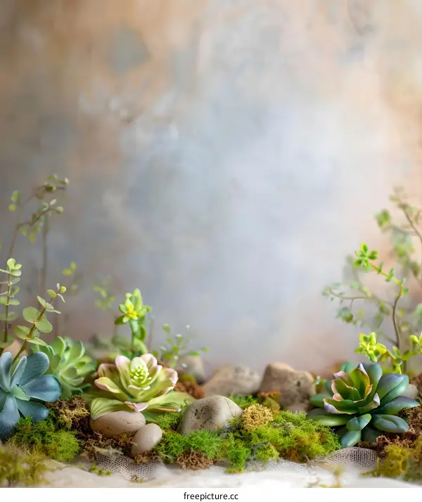 Green Succulents and Moss Against a Blurred Background