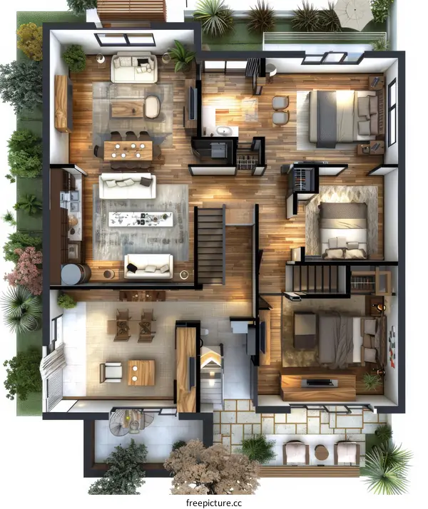 Top View 3D Illustration of Modern House Floor Plan