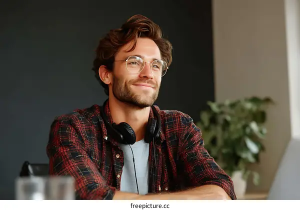 Smiling Man in Plaid Shirt with Headphones and Glasses
