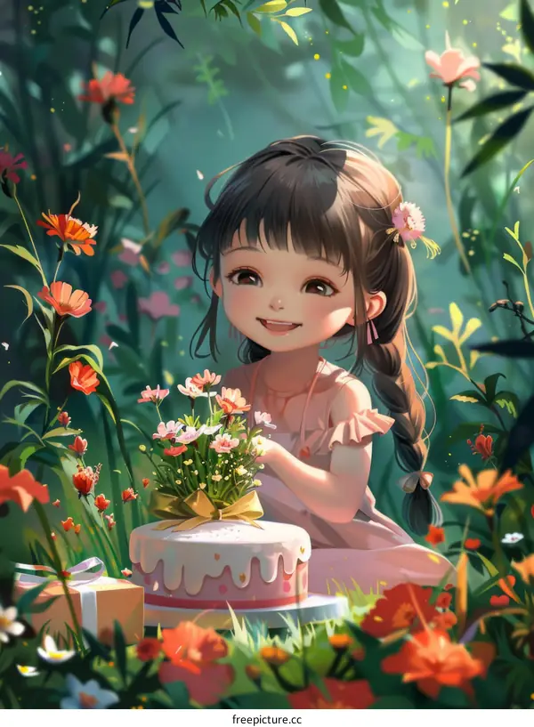 Little Girl with Cake in a Flower Field
