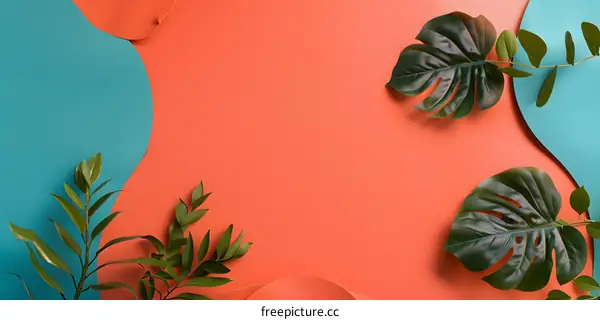 Green Tropical Leaves on Coral and Blue Background