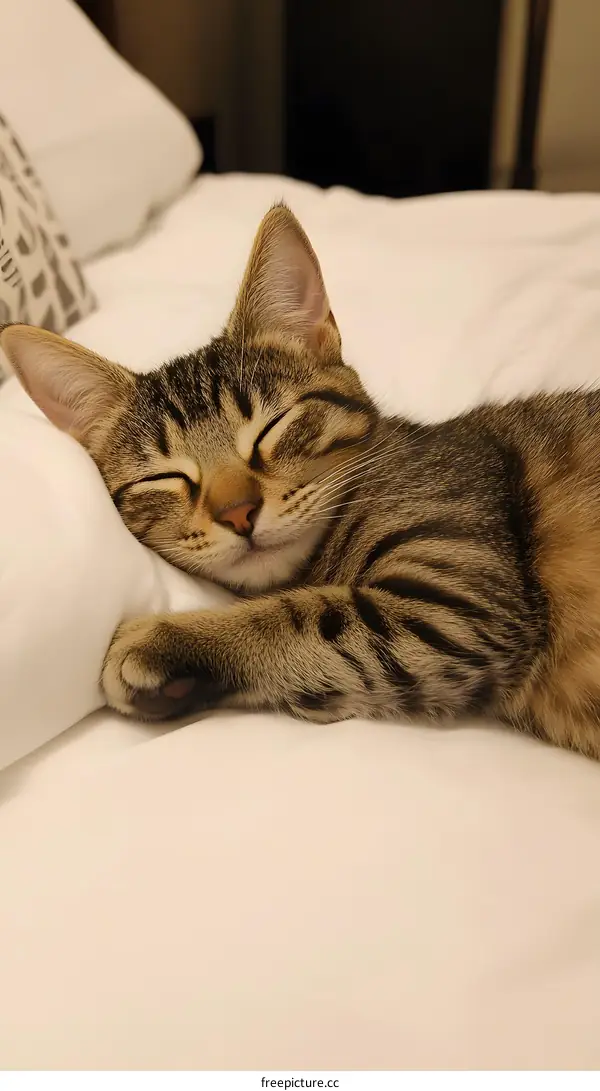 Sleeping Tabby Cat On White Bed