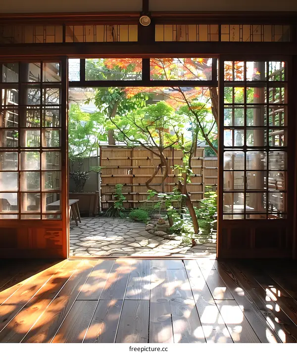 Japanese courtyard with障子door