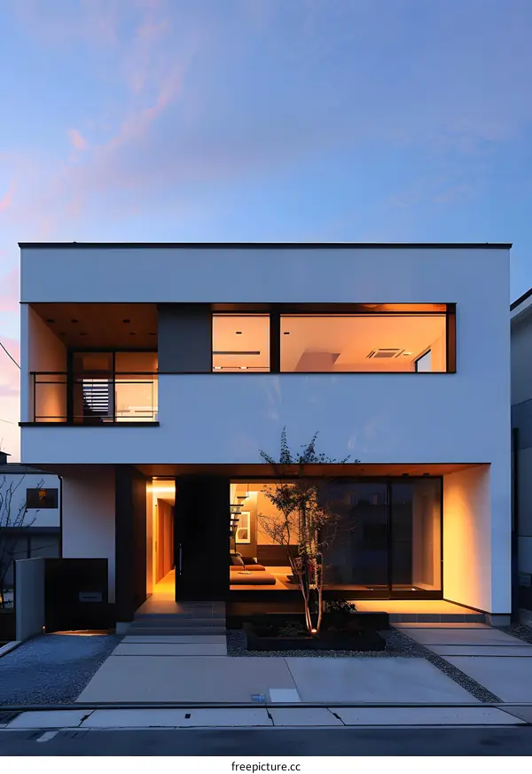 Modern White Two Story House with Large Windows and a Small Tree