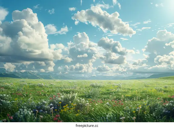 Mountain Meadow with Wildflowers and Blue Sky