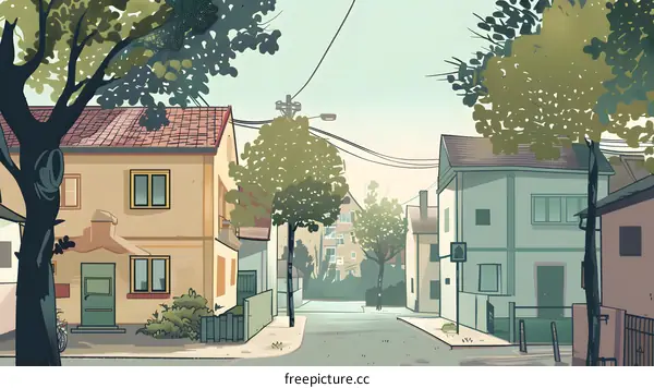 Illustration of a Residential Street with Buildings and Trees