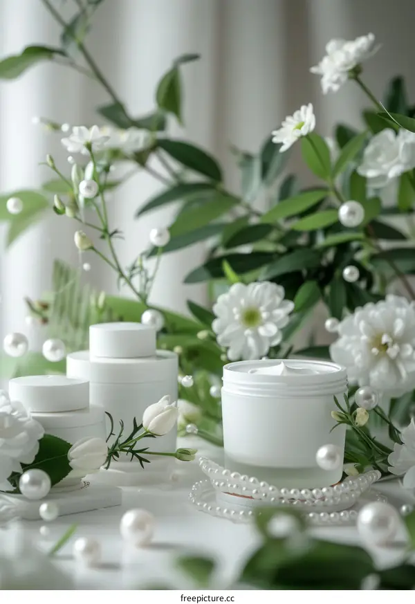 White flowers and pearls with cosmetic cream jars