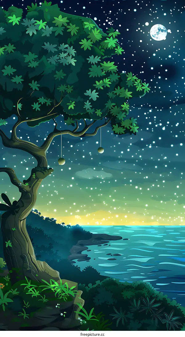 Night Sky With Stars And Moon Over Tree And Ocean