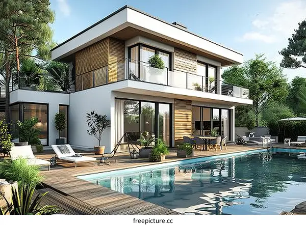 Modern Villa with Swimming Pool and Patio Area Exterior View