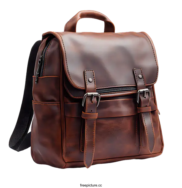 [Transparent Background PNG]Brown Leather Backpack with Durable Zippers and Straps