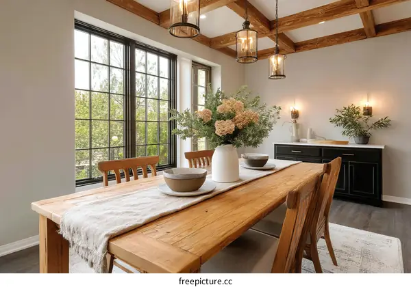 Rustic Dining Room with Large Windows