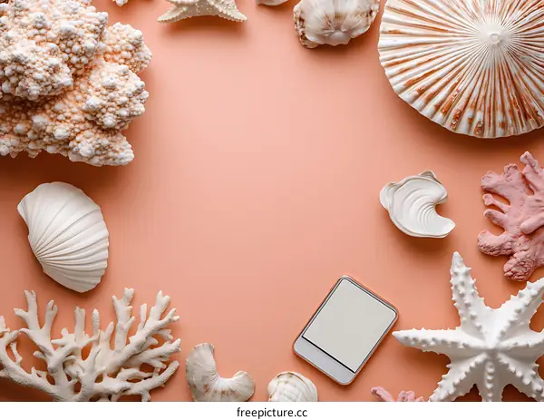 Seashells and Starfish on Pink Background