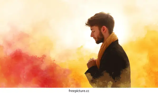 Young Man in Contemplation Against a Colorful Watercolor Background