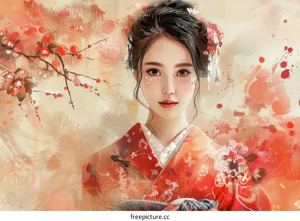 An illustration of a beautiful Japanese woman in a kimono with cherry blossoms