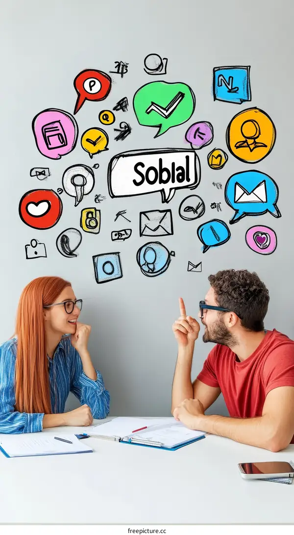 Two Diverse Colleagues Discussing at a Meeting with Digital Icons