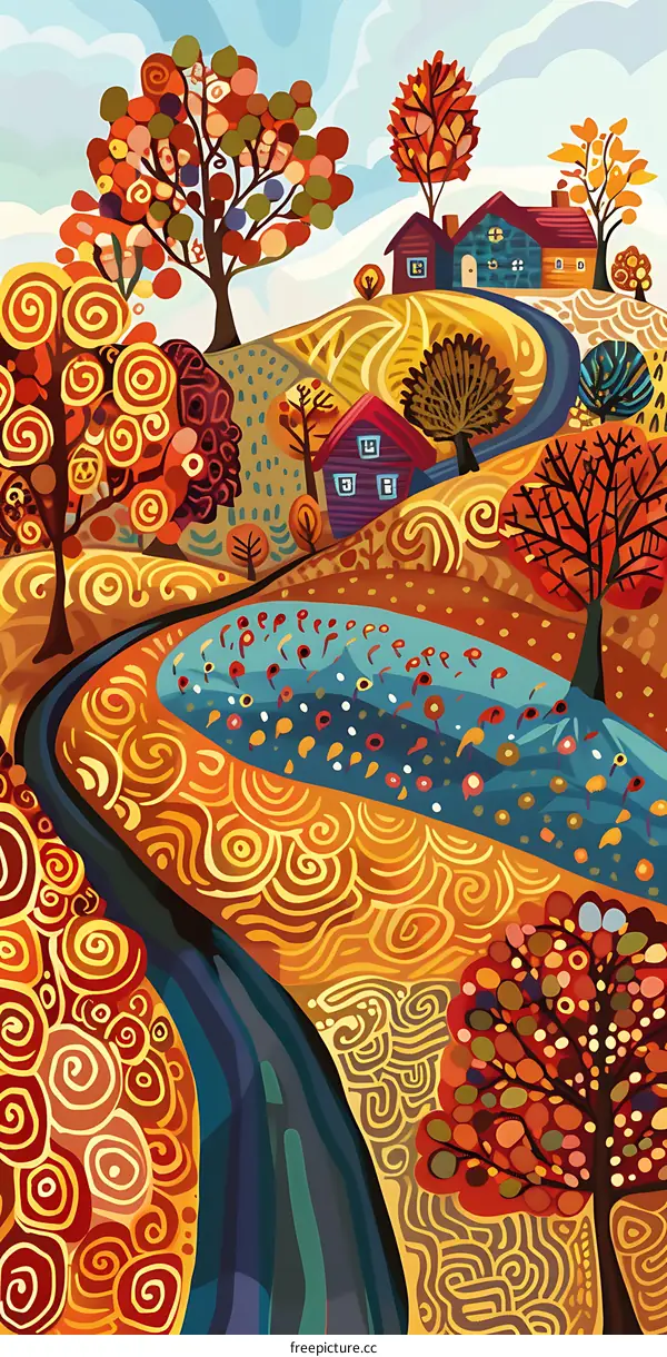 Colorful Autumn Landscape With Winding Road And Houses