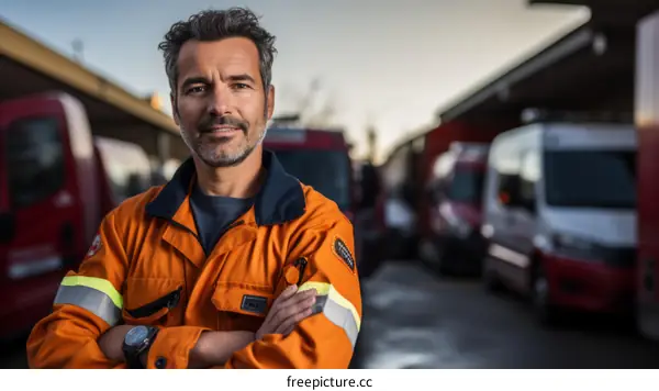 Portrait of a male firefighter in front of fire trucks