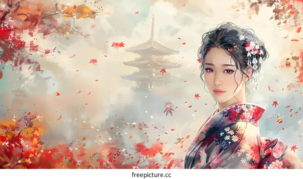 A beautiful Japanese woman in a kimono stands in a field of red maple leaves.