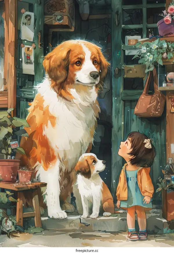 A girl looking up at two dogs