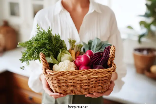 Woman Holding a Basket of Fresh Vegetables