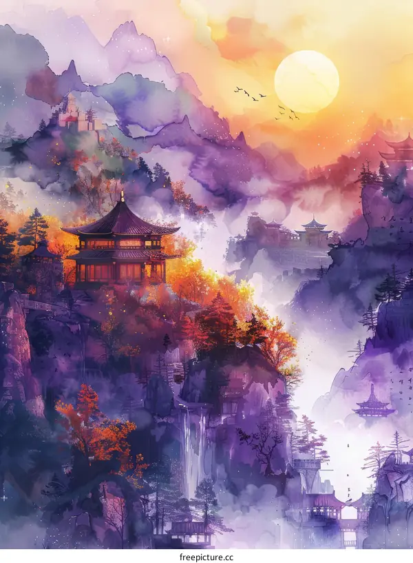 Tranquil Chinese landscape painting of mountains and pavilions