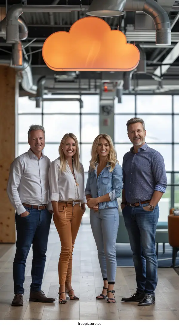 Four people standing in an office space with a cloud-shaped light fixture on the ceiling