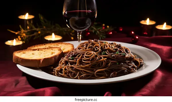 A delicious plate of pasta with a glass of red wine