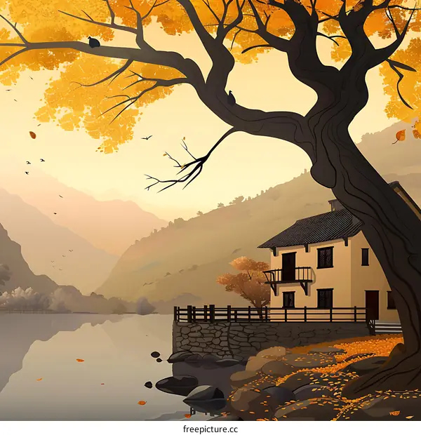 Autumn Landscape with Lake House and Mountain View
