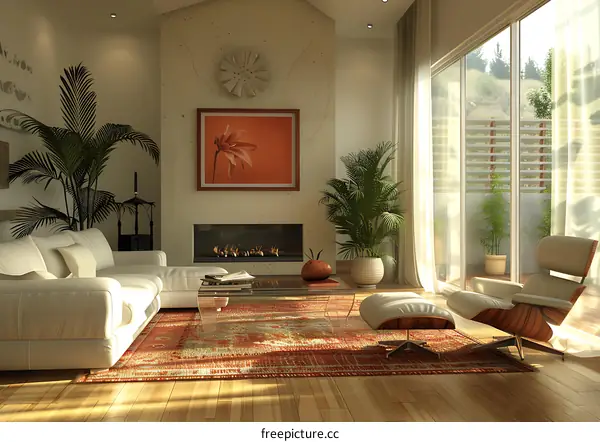 Fireplace and painting in modern living room