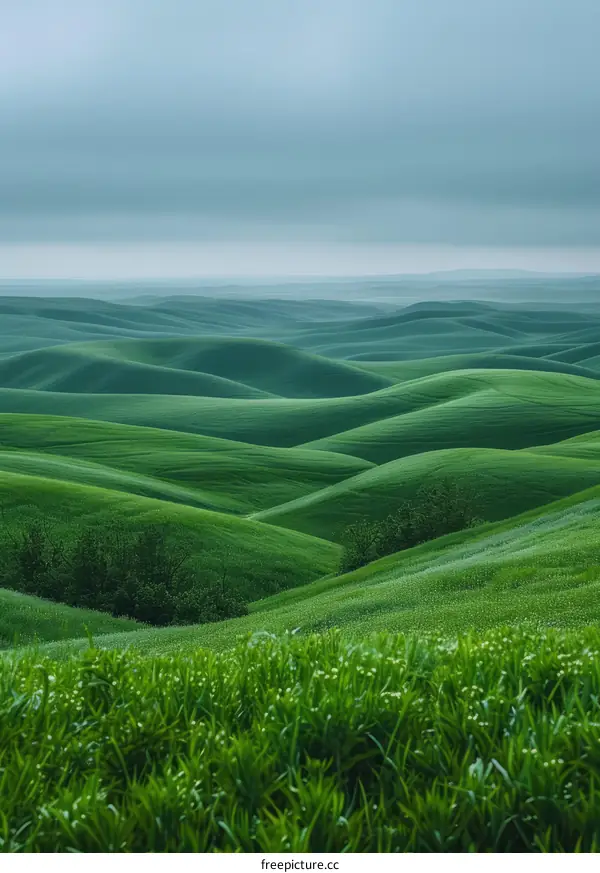 Green rolling hills under cloudy sky